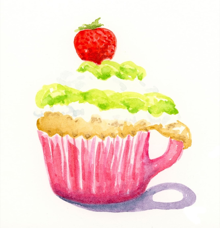 Acquerello — cupcake con fragola, di Carla Bravi