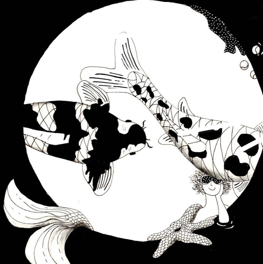 Illustrazione a inchiostro con pesci, di Carla Bravi